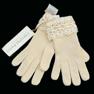 Carolina Amato Wool Angora Rabbit Hair Ivory Knit Laced Gloves sz.8 New